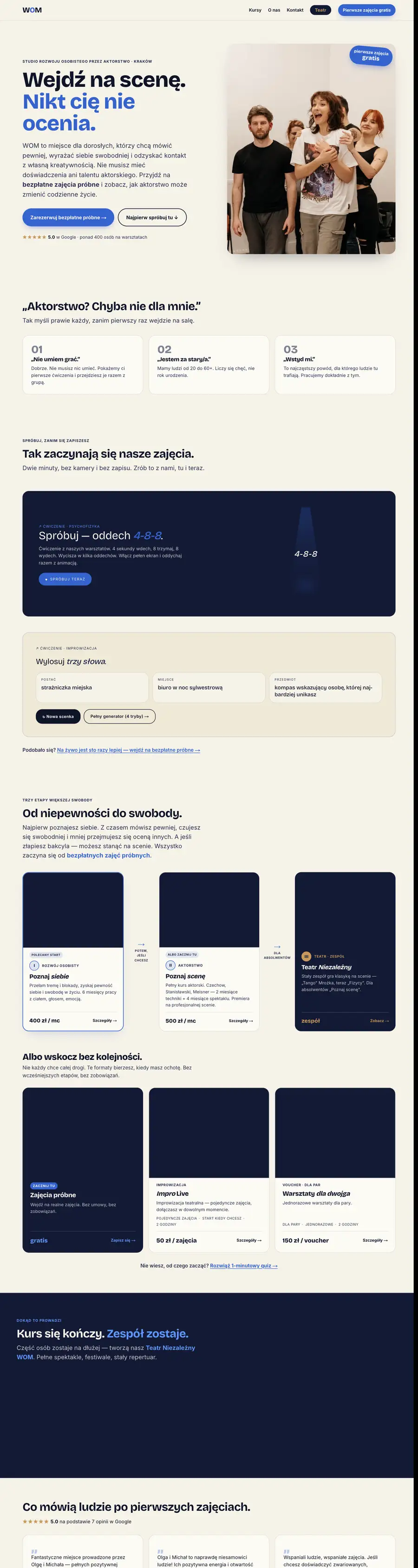 Home page of the WOM acting studio